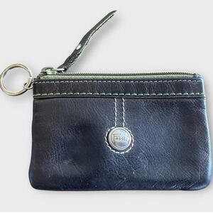 Fossil Brown Leather Small Coin Purse ID Logo Wallet Key Ring Zipper Pouch